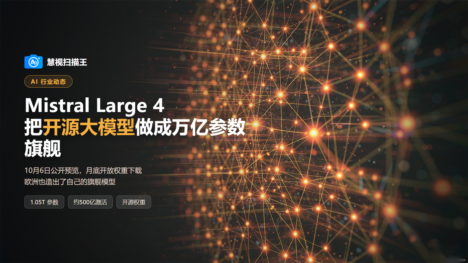AI行业动态封面：开源大模型概念图，暖橙色神经网络与数据流科技视觉，左侧深色负空间