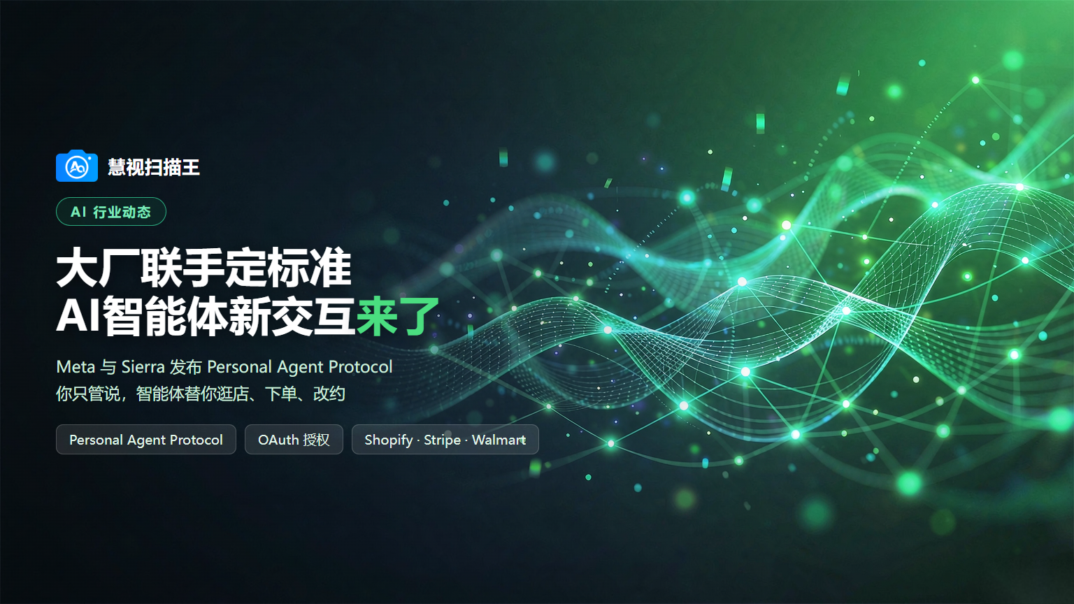 AI行业动态封面：AI智能体新交互概念图，翠绿色神经网络与数据流科技视觉，左侧深色负空间
