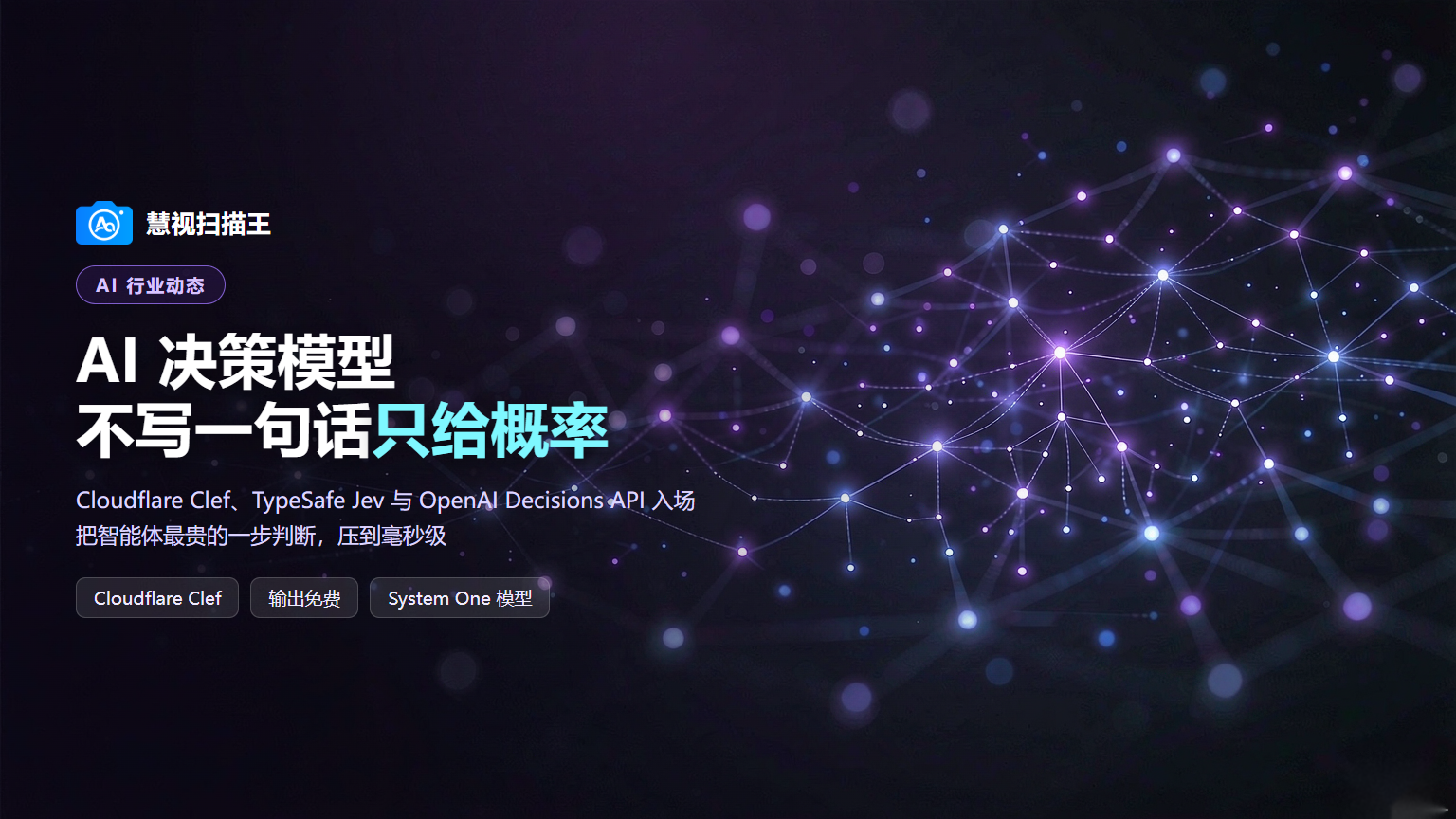 AI行业动态封面：AI决策模型概念图，紫蓝神经网络与决策分支科技视觉，左侧深色负空间