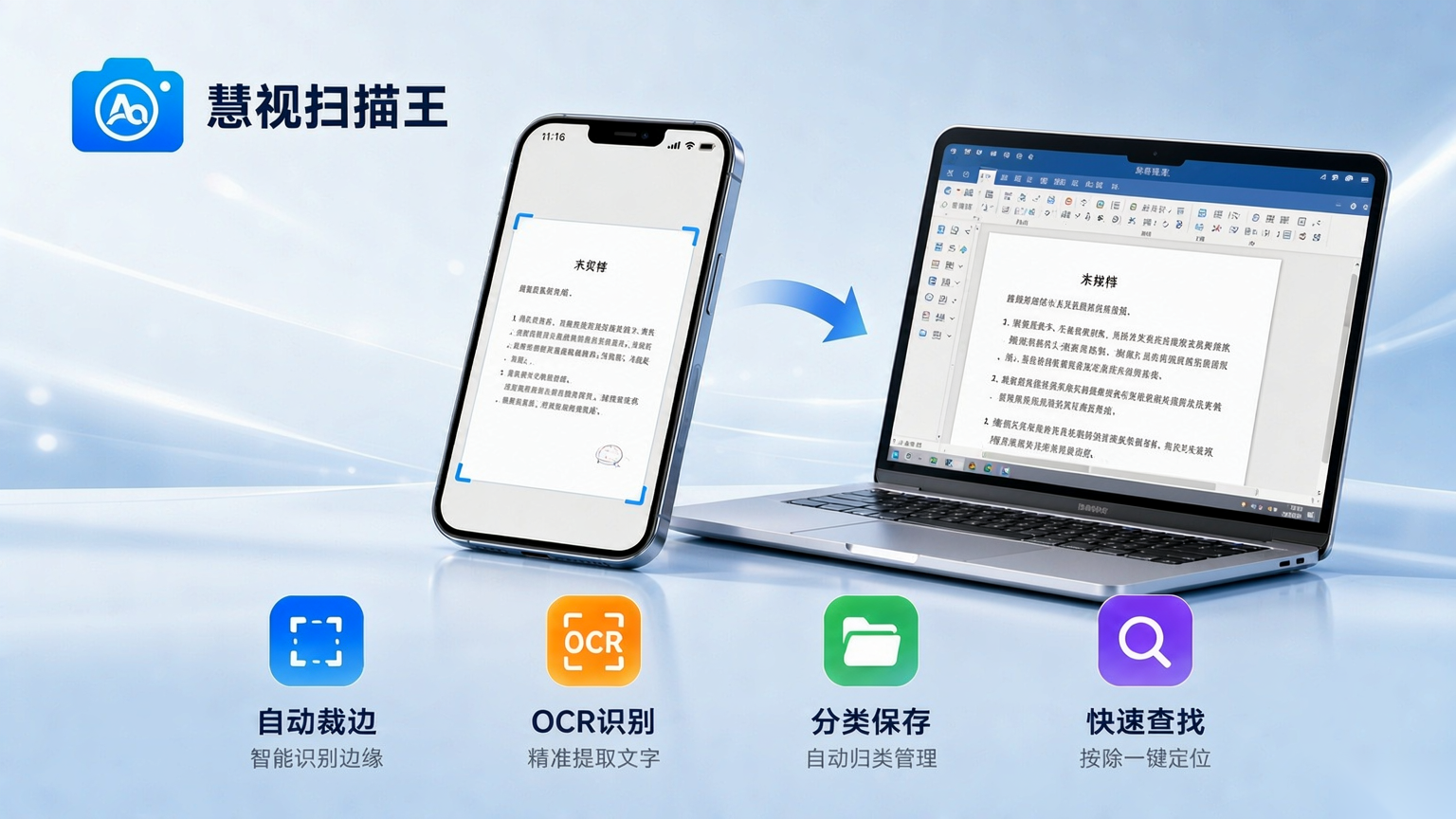 手机扫描纸质文件，通过OCR识别转成电脑上可编辑Word文档的示意图