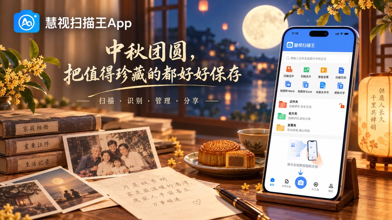 中秋家庭老照片与慧视扫描王App界面示意图，纸质资料扫描保存