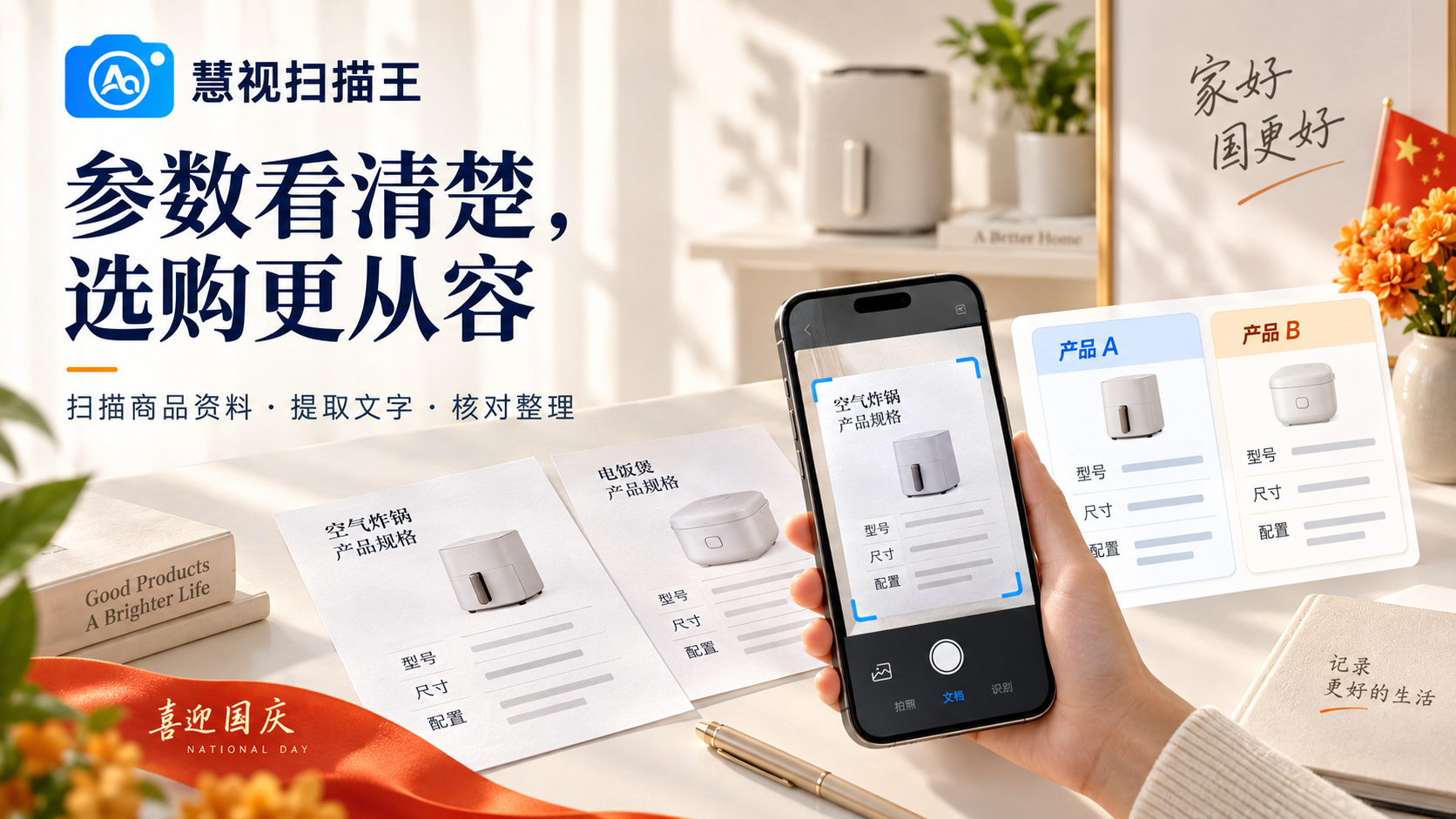 慧视扫描王扫描商品参数，提取文字并核对整理的选购场景示意